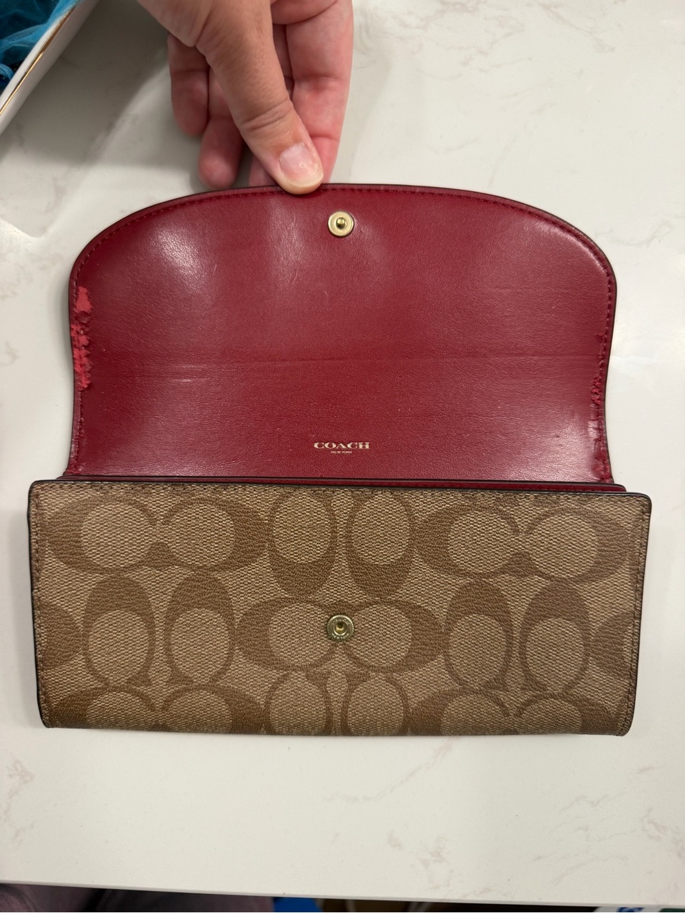 Coach Brown Signature Canvas Wallet with Burgundy Leather Flap - Picture 2 of 6